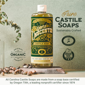 Carolina Castile refilling reusable bottle from gallon showing sustainable refill benefit
