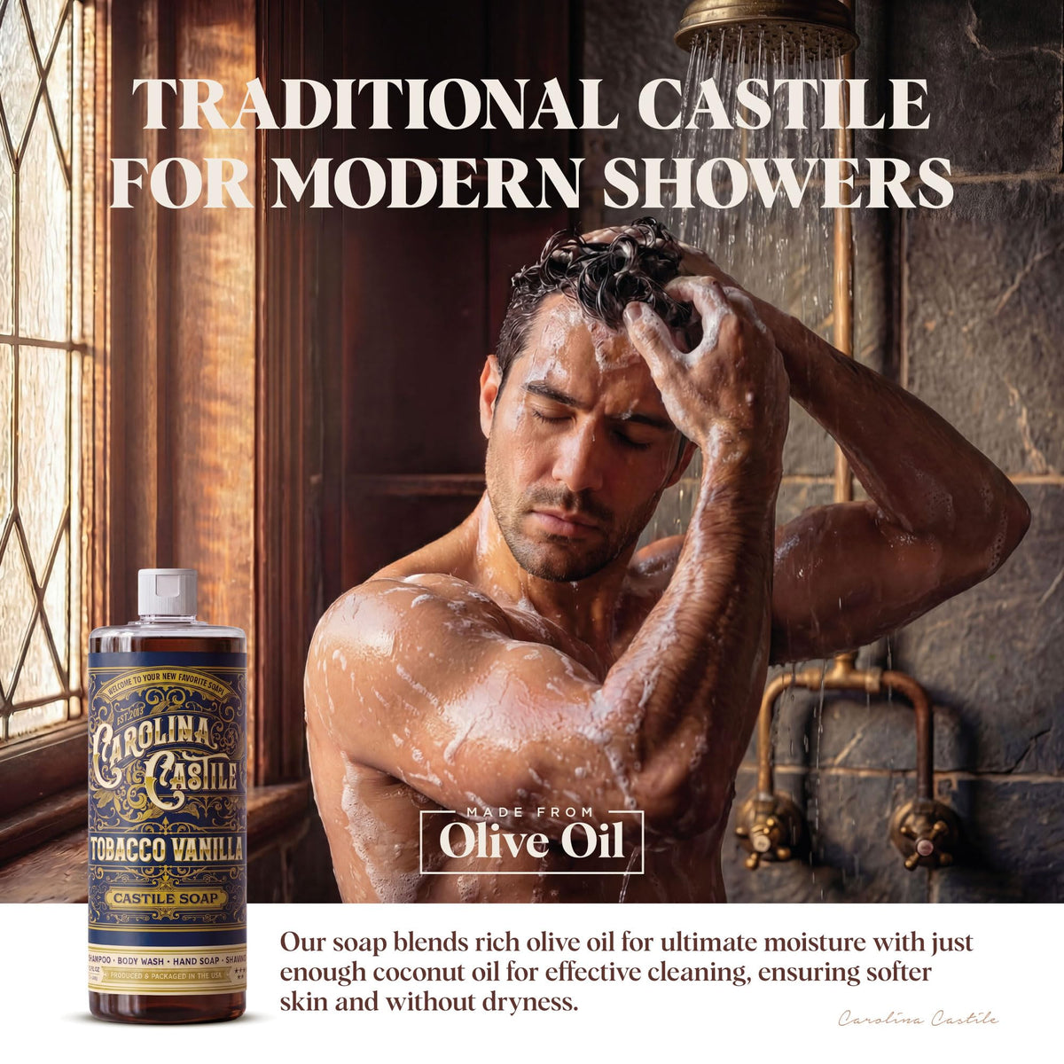 Carolina Castile being used as shampoo on wet hair for gentle cleansing