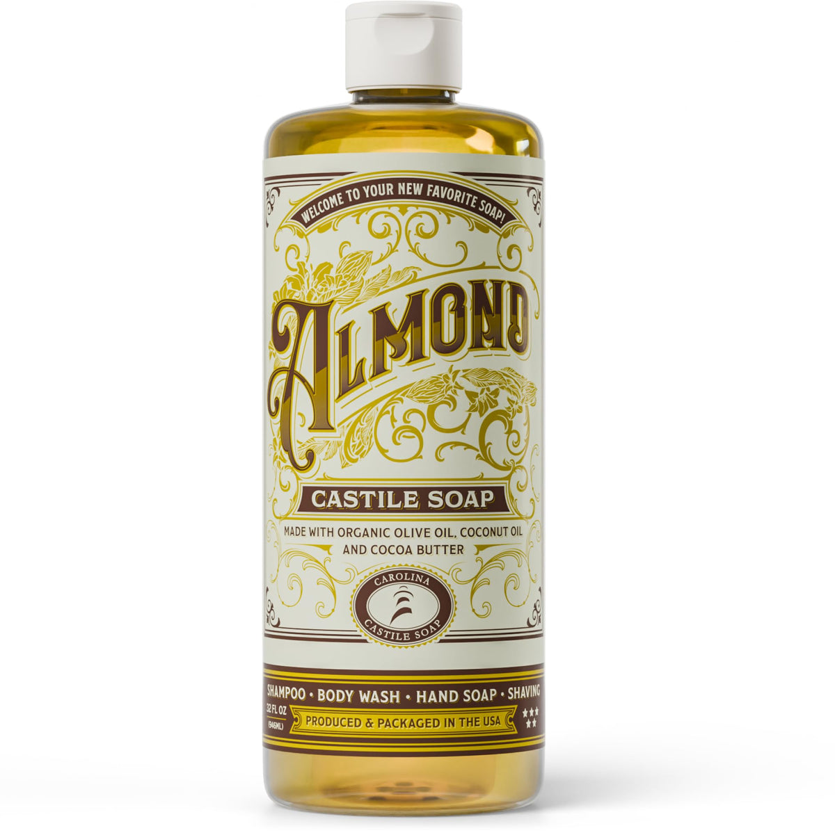 Carolina Castile Soap front label showing almond scent and organic claims, clear product information