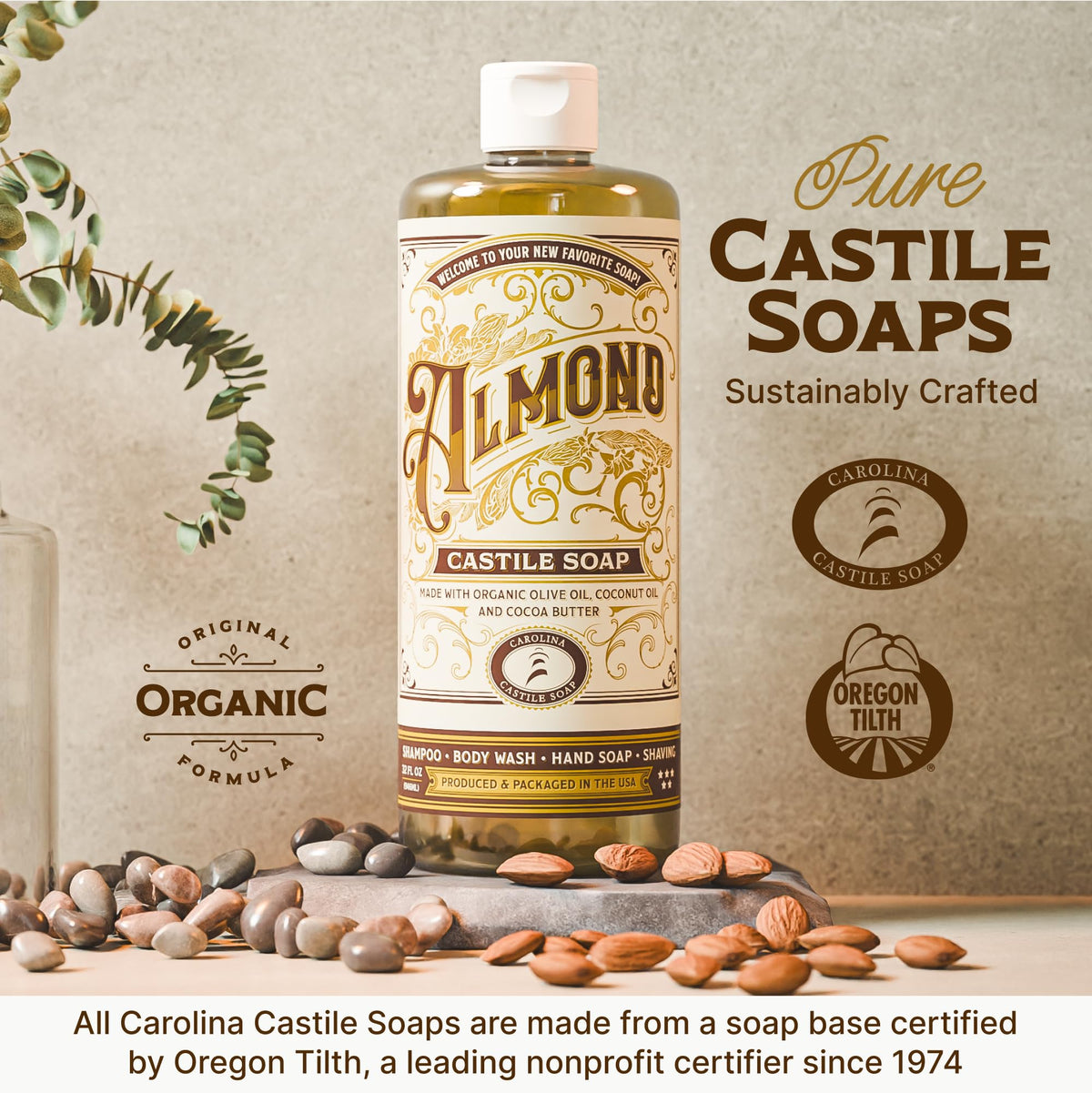 Carolina Castile Soap label on recyclable packaging with close-up, emphasizing sustainable sourcing