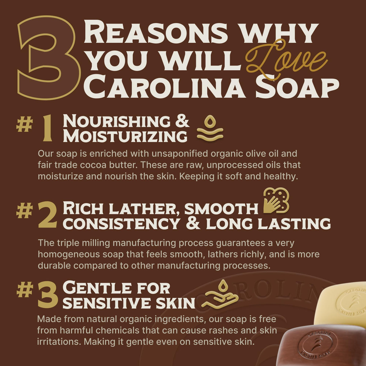 Carolina Castile Soap close-up of bar texture highlighting creamy triple-milled lather benefits