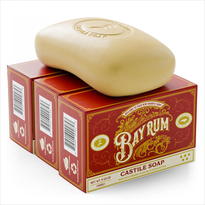 Carolina Castile Soap front packaging showing three bay rum bars and natural branding benefits