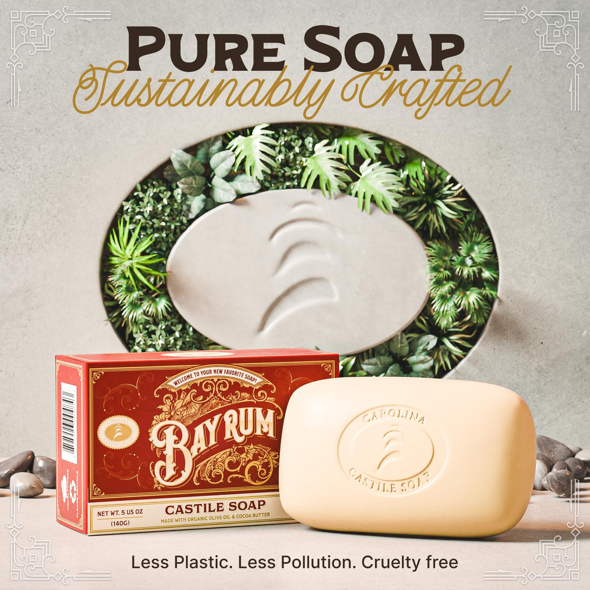 Carolina Castile Soap label detail showing olive oil and cocoa butter ingredients for hydration benefit