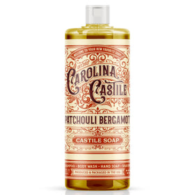 Carolina Castile Soap front bottle showing patchouli bergamot scent and organic benefits
