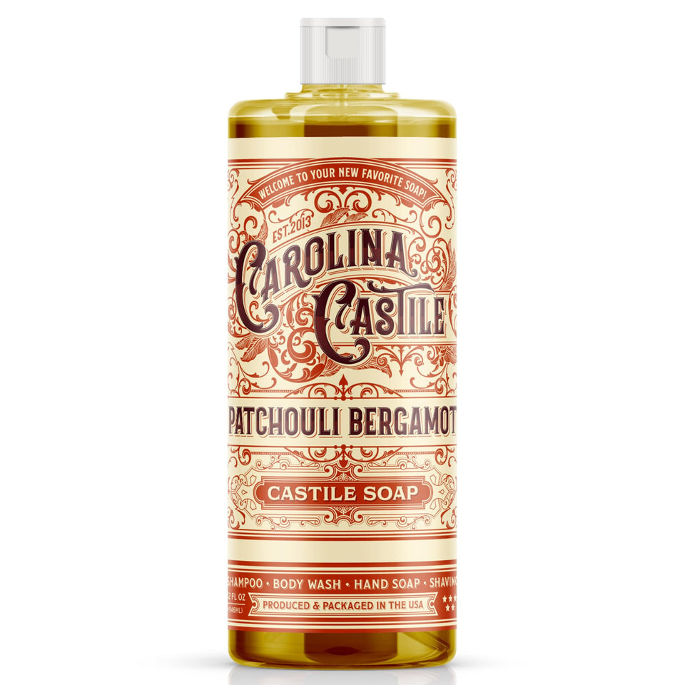 Carolina Castile Soap front bottle showing patchouli bergamot scent and organic benefits