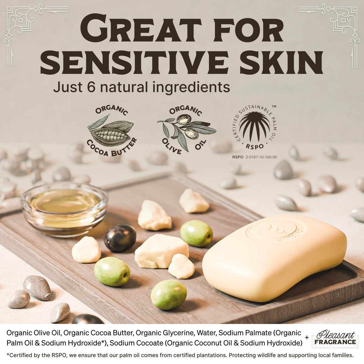Carolina Castile Soap organic oil ingredients display highlighting moisturizing benefits