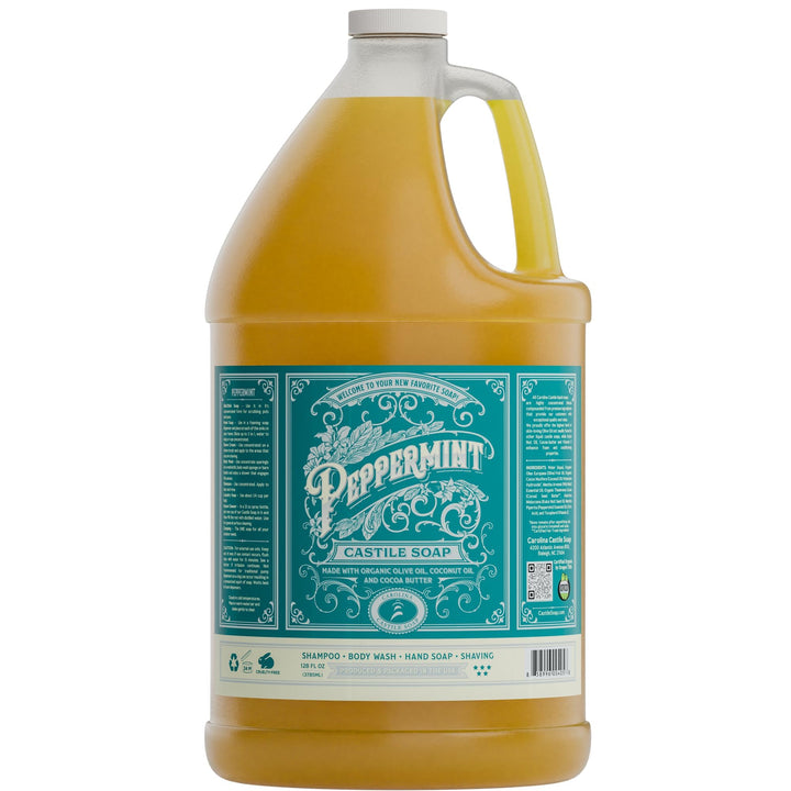 Carolina Castile Soap front label showing peppermint scent and organic claims, clear benefit: trusted organic formula
