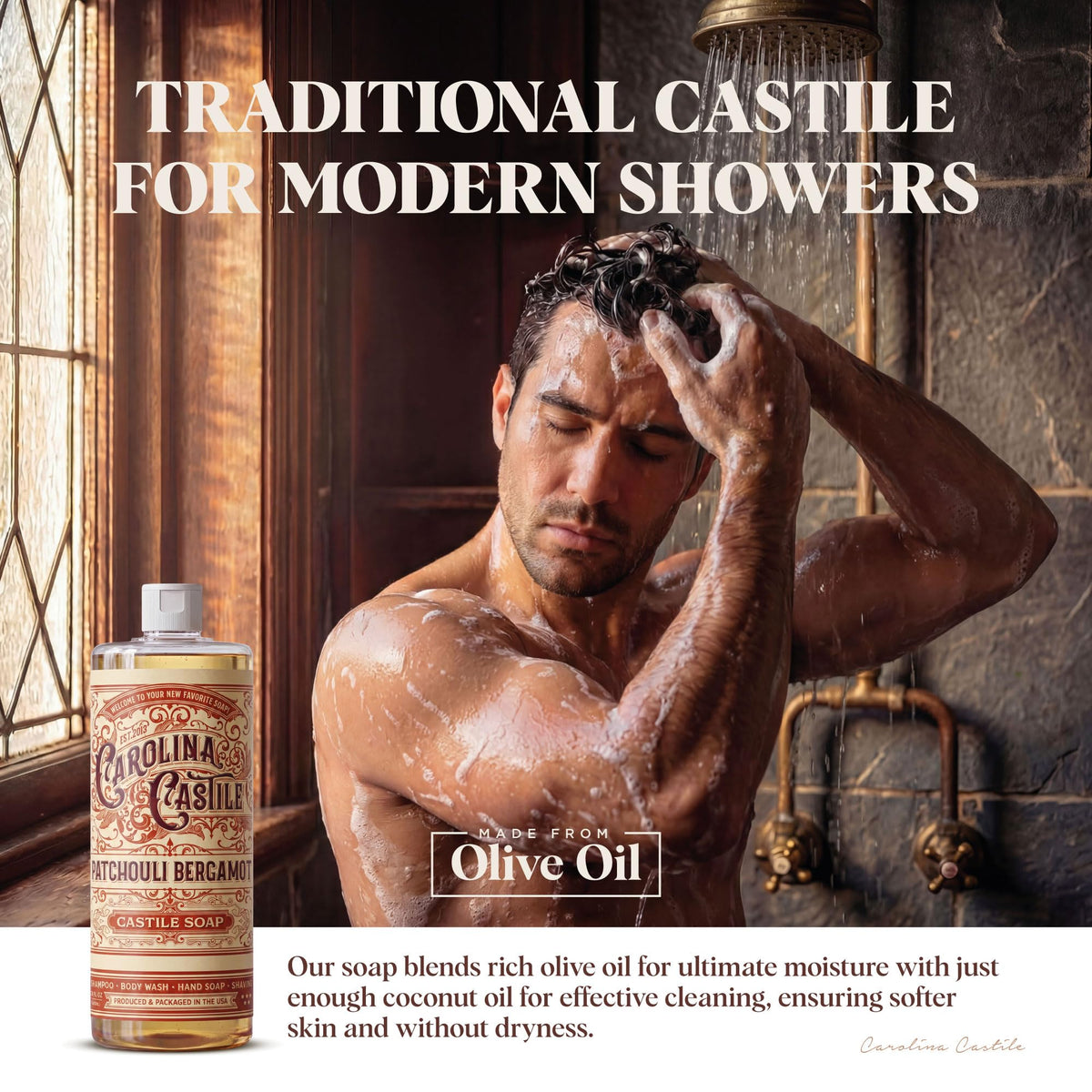 Carolina Castile Soap in shower setup illustrating everyday use as body wash and shampoo