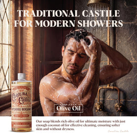 Carolina Castile Soap in shower setup illustrating everyday use as body wash and shampoo