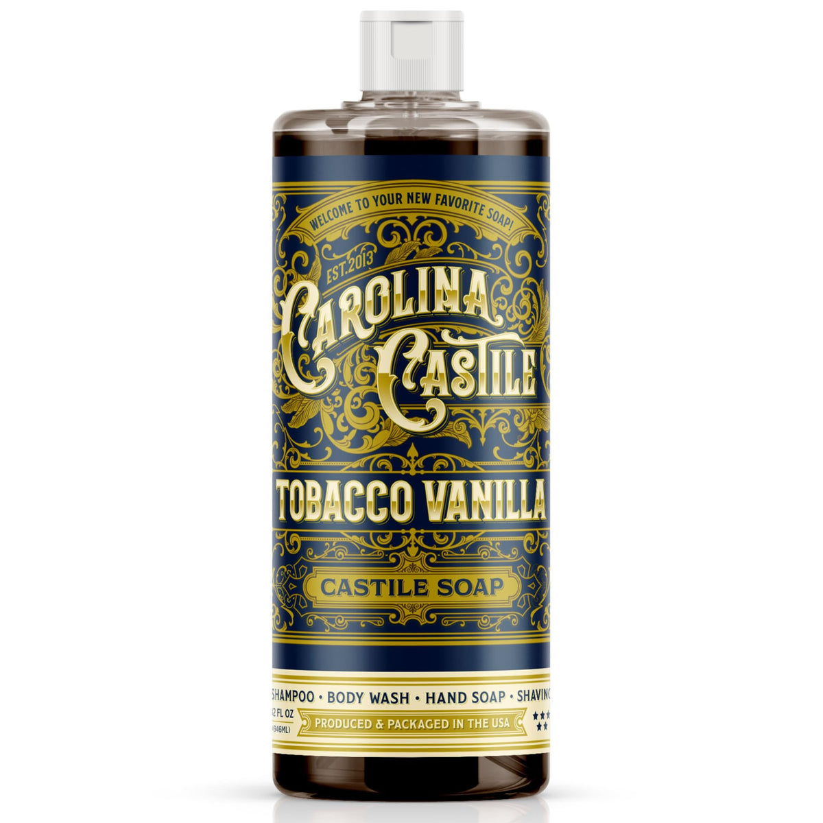 Carolina Castile front packaging showing 32 fl oz bottle and label benefits