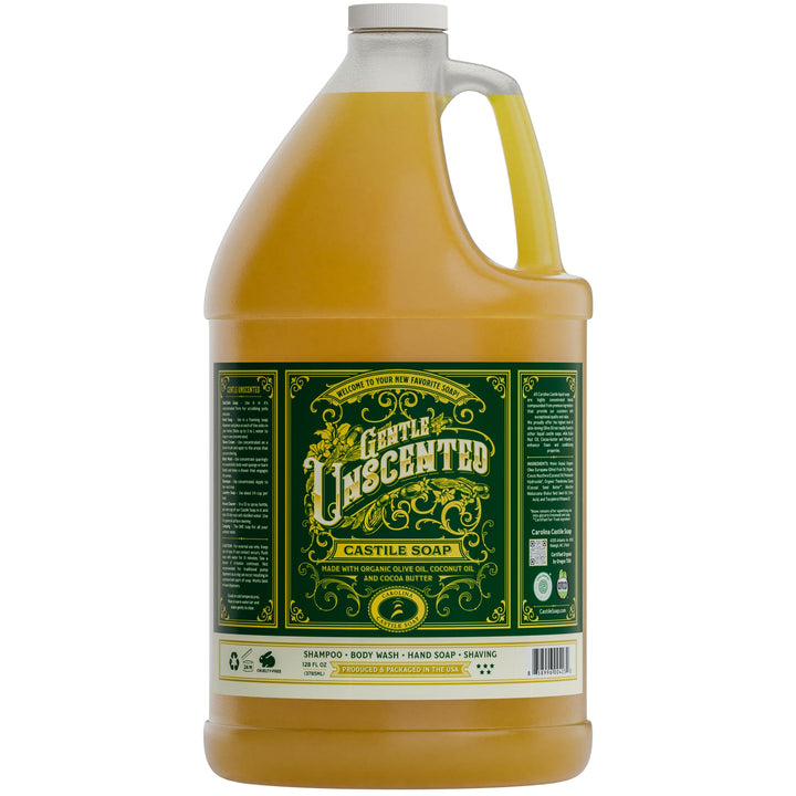 Carolina Castile front of 1-gallon unscented bottle showing clean design and volume benefit