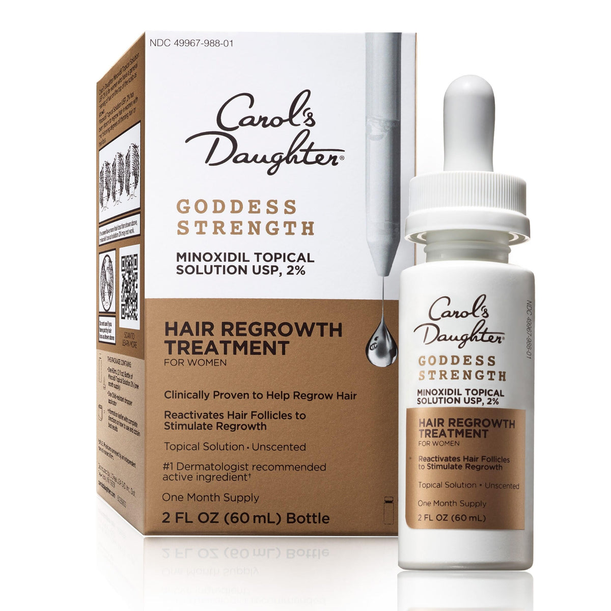 Carol's Daughter front packaging showing 2% minoxidil and clear labeling for quick recognition and trust