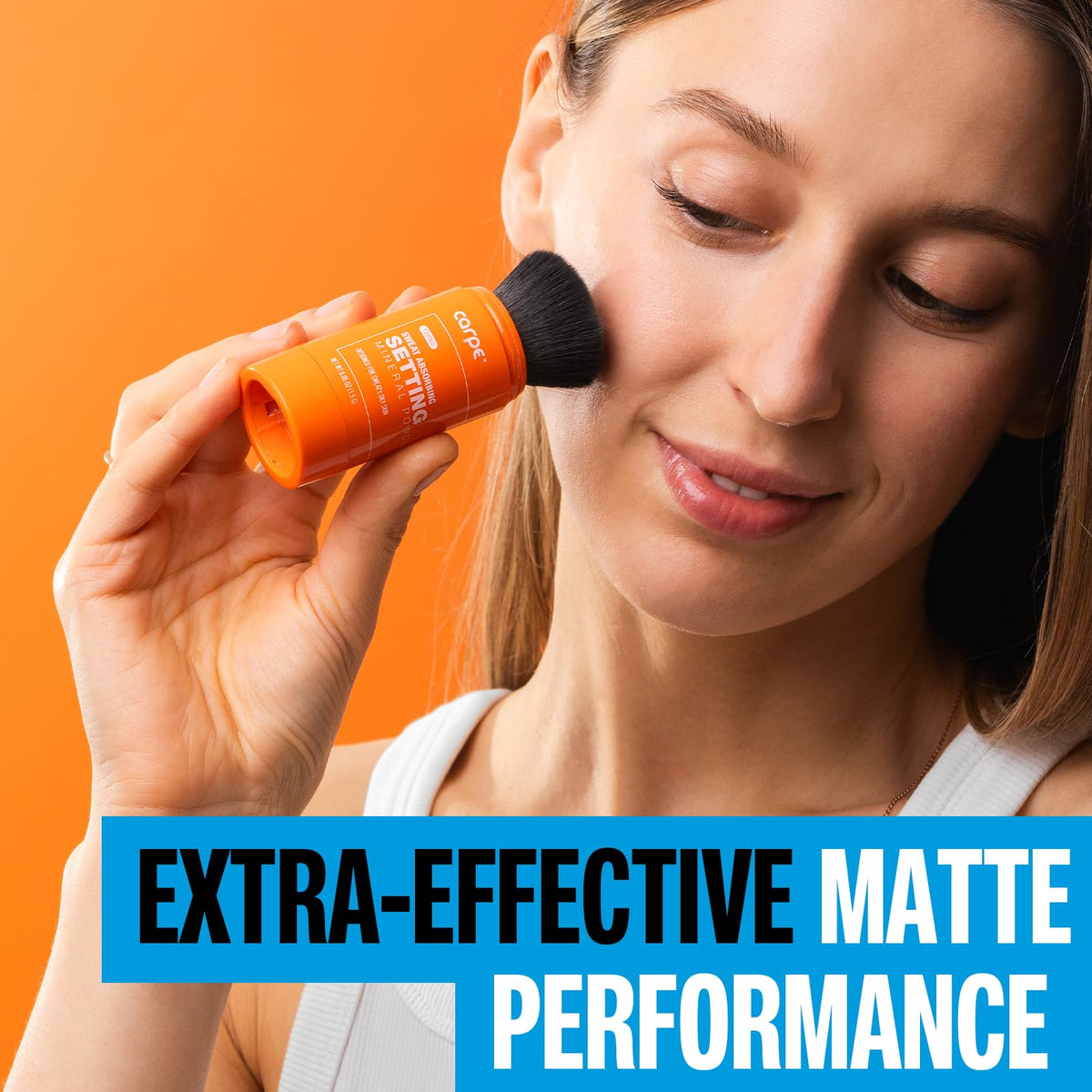 Carpe soft brush with powder showing easy, mess-free application benefit