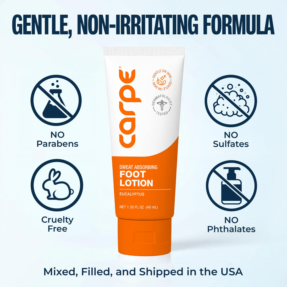 Carpe label close-up listing dermatologist-developed, free-from benefits
