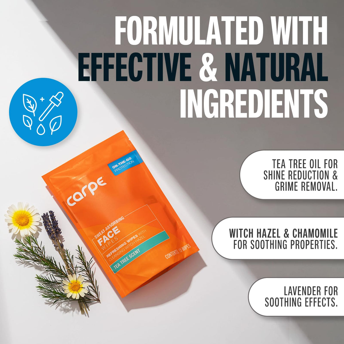 Carpe ingredient label showing witch hazel and tea tree benefit