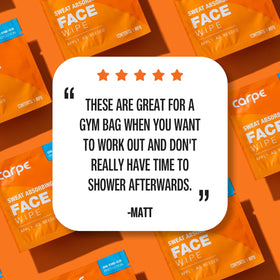 Carpe wipe demo on face removing sweat for immediate clean benefit