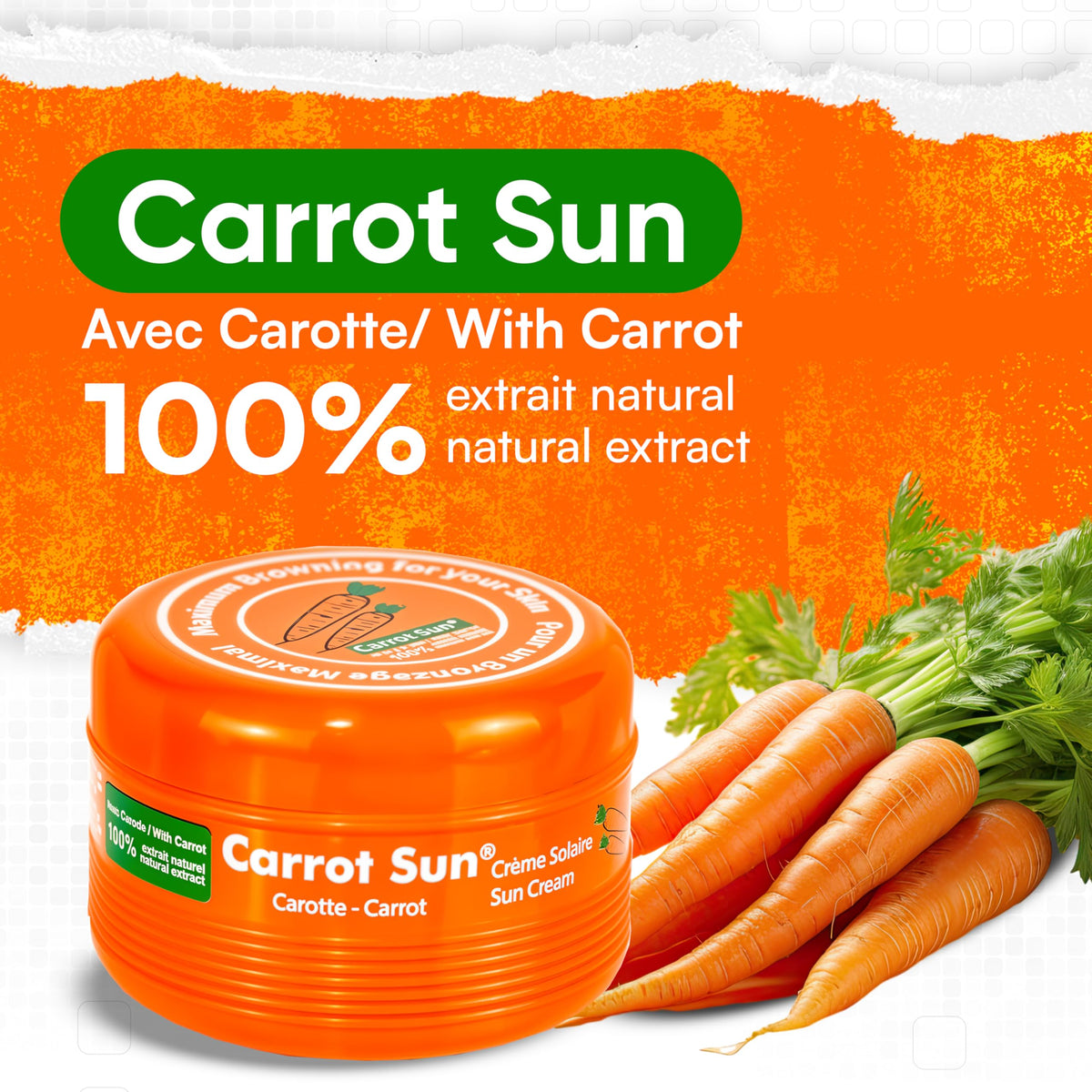 Carrot Sun ingredients label highlighting natural carrot oil benefit