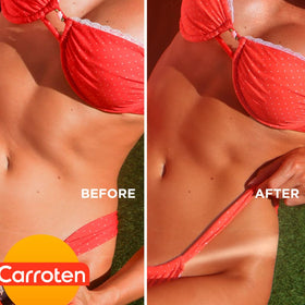 Carroten applied on skin at beach delivering bronzed luminous finish