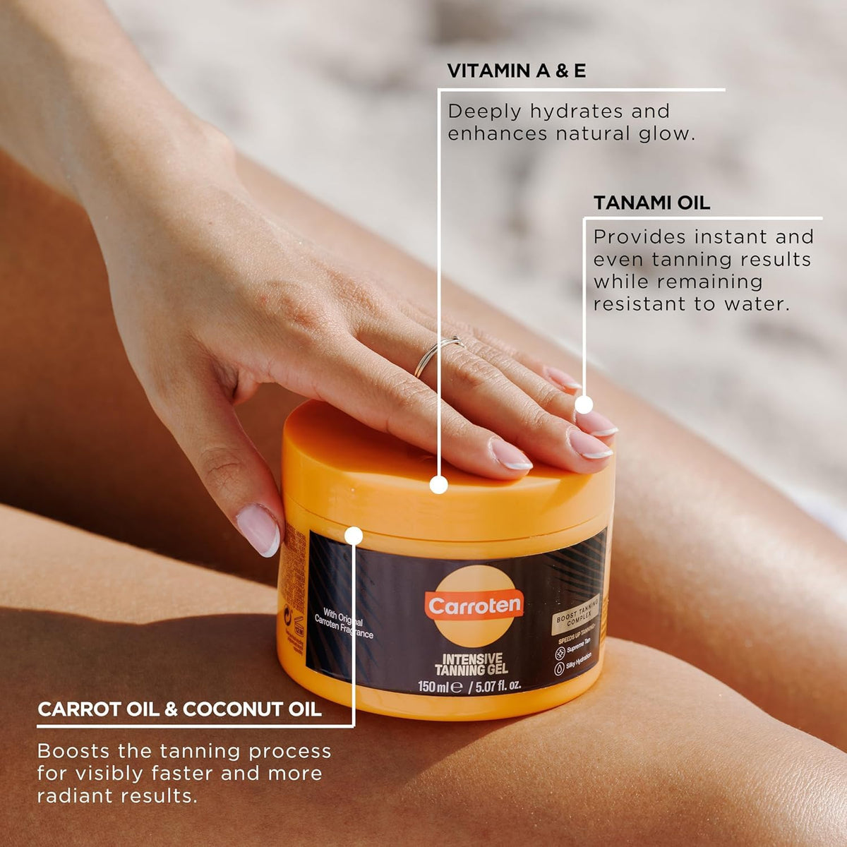 Carroten bottle label detail showing ingredients and product information benefit