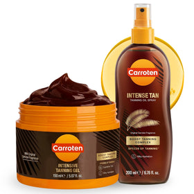 Carroten front packaging showing gel and oil for quick even tanning