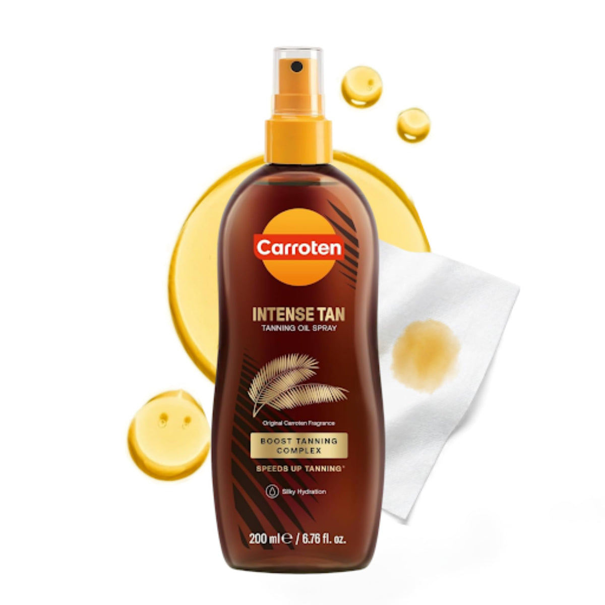 Carroten front packaging showing tanning oil spray and silky finish benefit