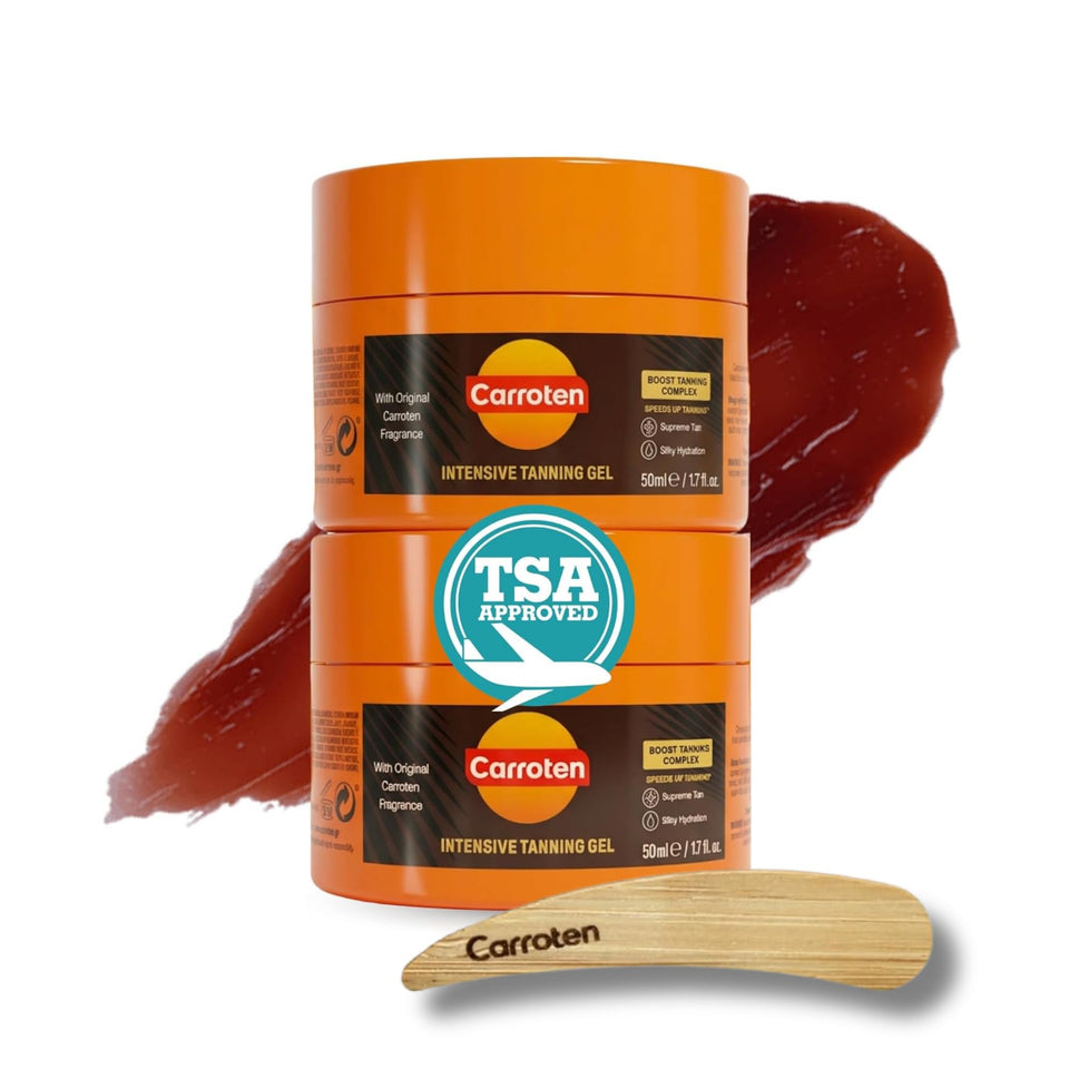 Carroten front packaging showing travel-sized tanning gel and branding benefit: portable bronzing