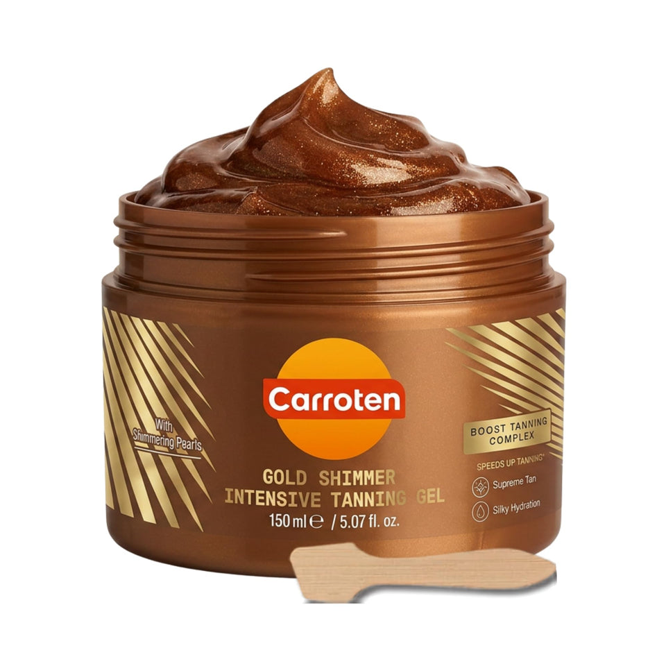 Carroten gold shimmer front bottle showing label and size benefit