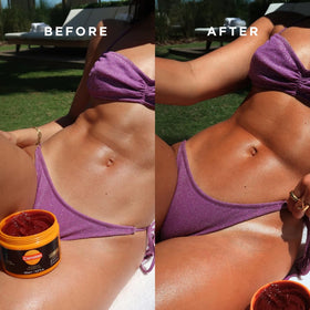 Carroten on-skin before and after showing deeper, more even bronze result
