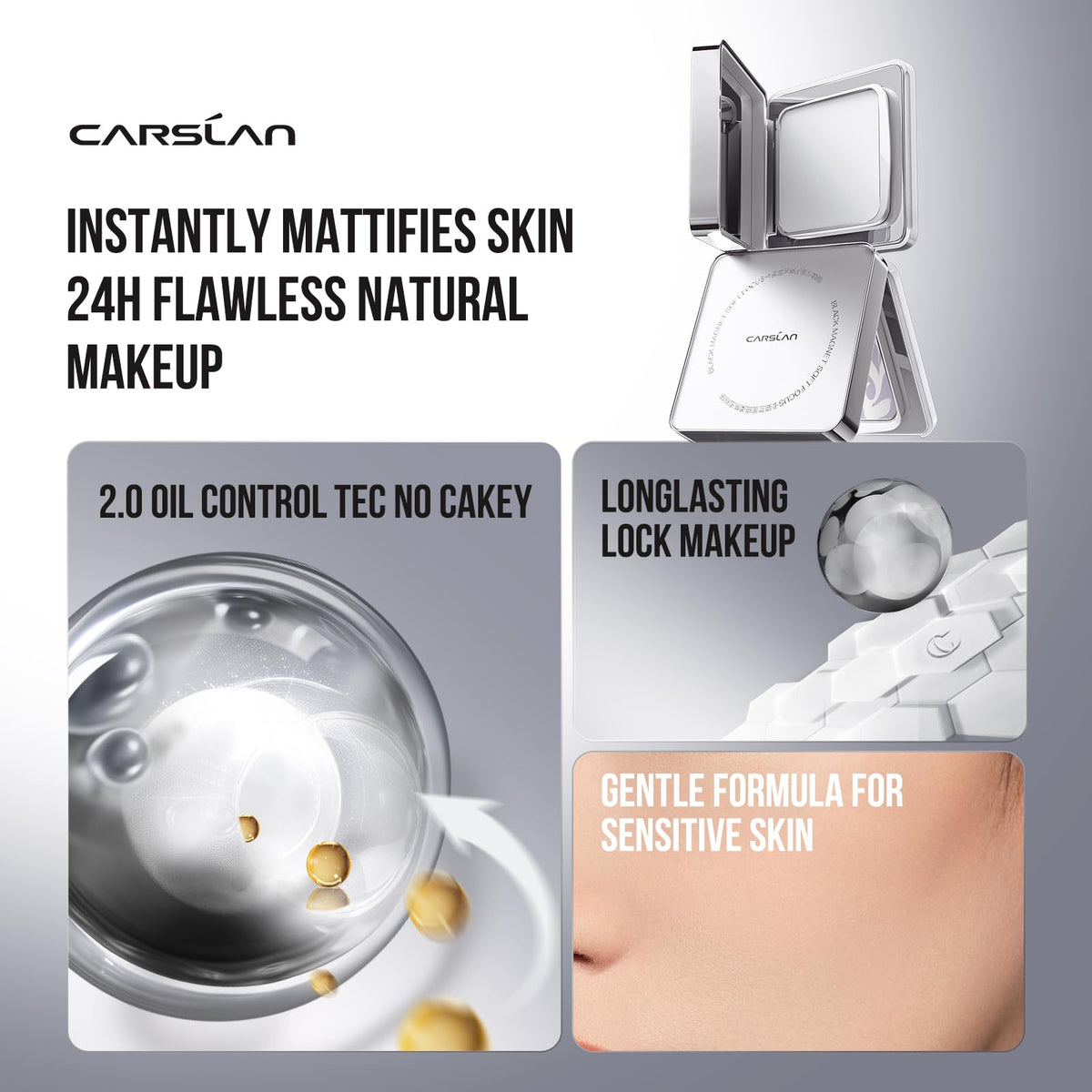 CARSLAN powder pan close-up revealing smooth pressed finish and blur effect