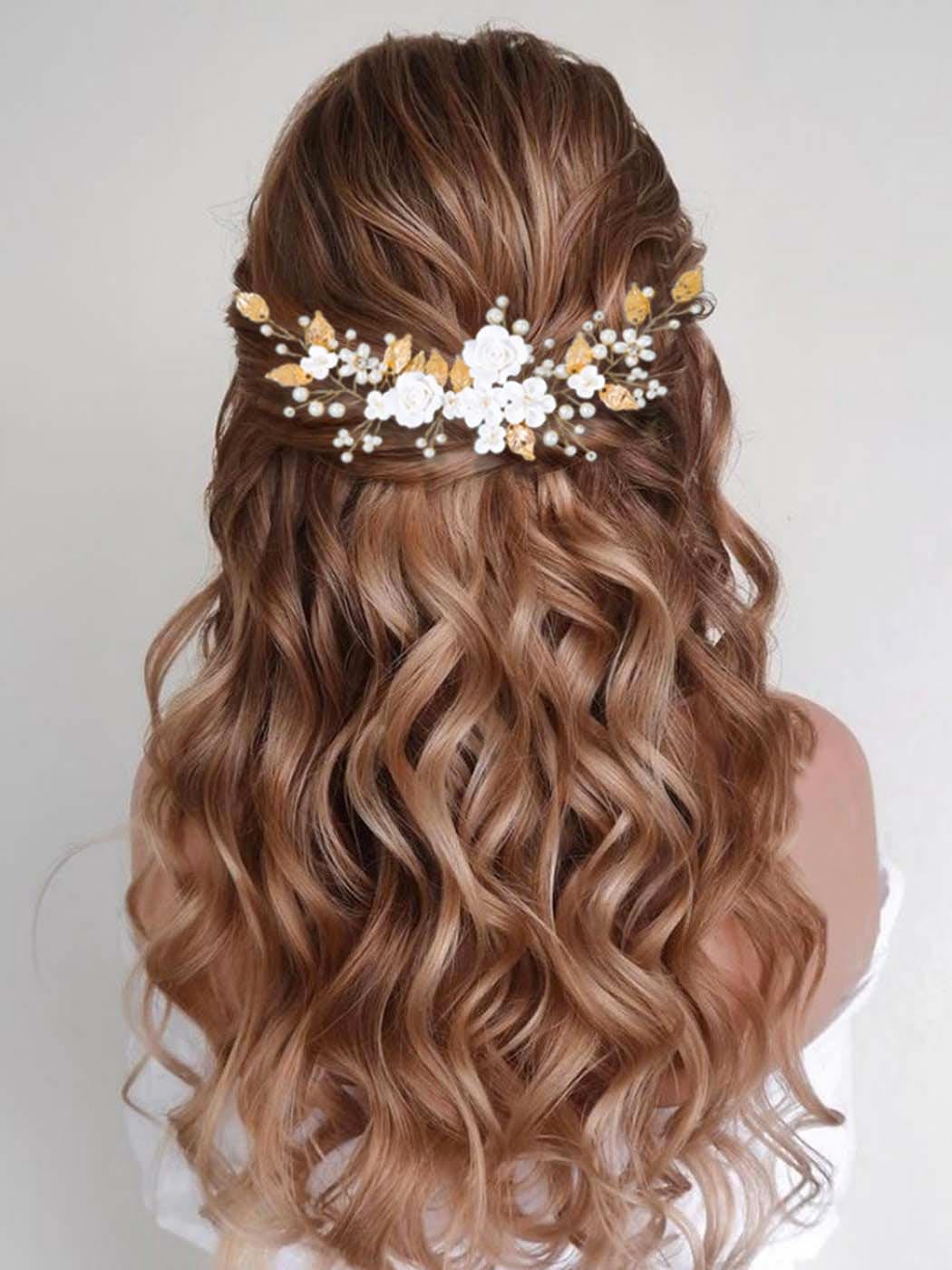 CASDRE front view gold pearl headpiece shows elegant shape and secure loops