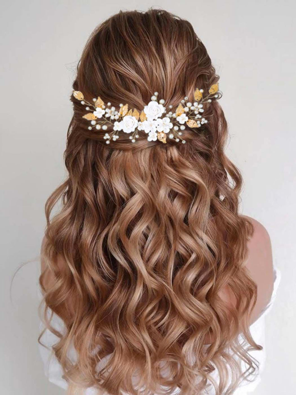 CASDRE front view gold pearl headpiece shows elegant shape and secure loops