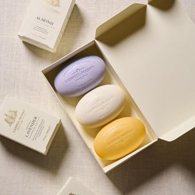 Caswell-Massey almond bar close-up texture highlighting triple-milled density and creamy lather