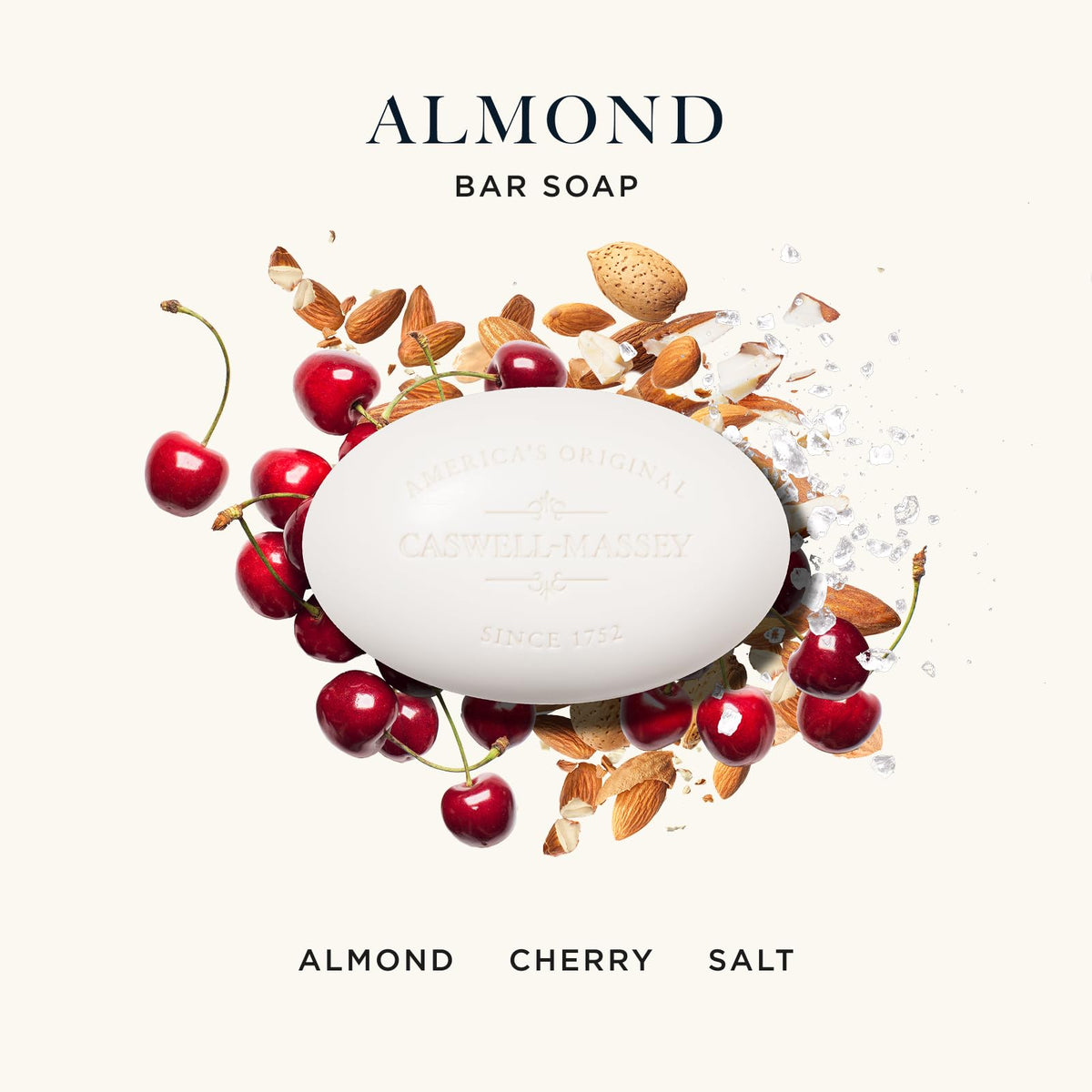 Caswell-Massey almond bar side profile highlighting dense triple-milled construction benefit