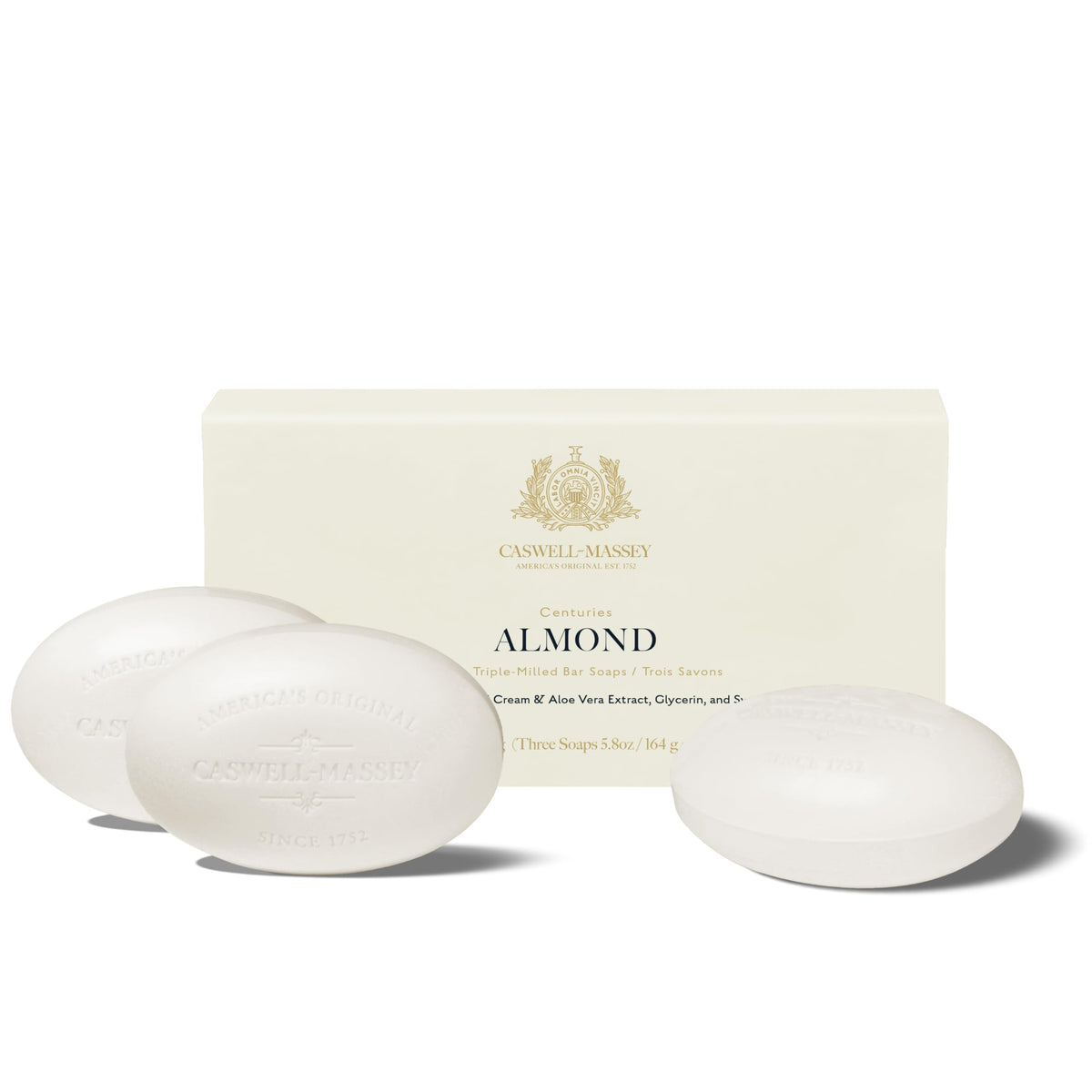 Caswell-Massey front packaging showing three almond soap bars and neat presentation