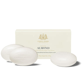 Caswell-Massey front packaging showing three almond soap bars and neat presentation