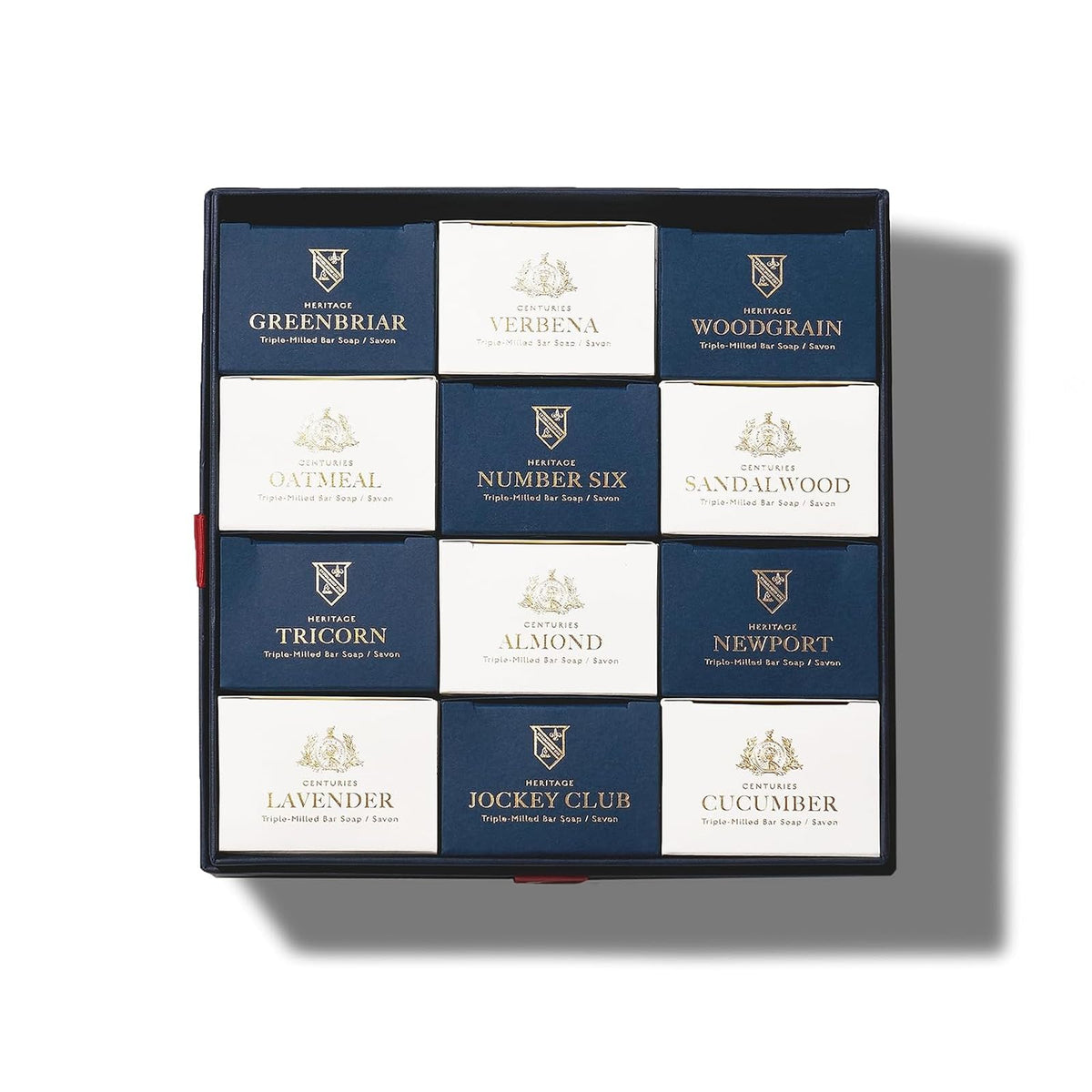 Caswell-Massey front packaging showing 12 bars and brand legacy benefit
