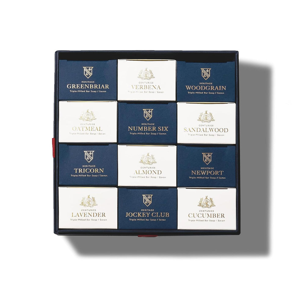 Caswell-Massey front packaging showing 12 bars and brand legacy benefit