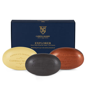 Caswell‑Massey front packaging showing three woodgrain sandalwood bars and gift appeal