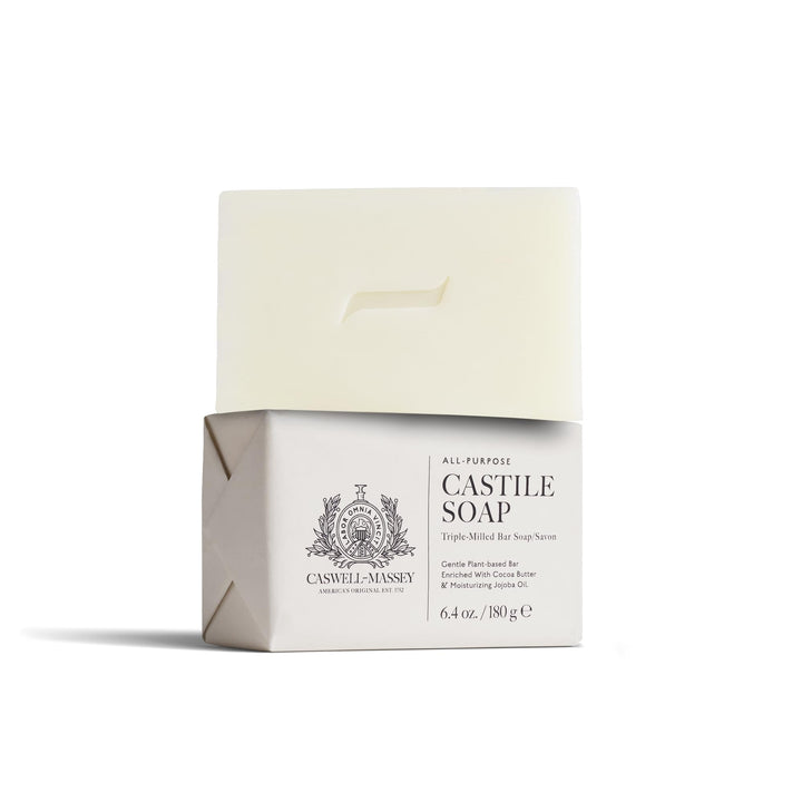 Caswell-Massey front packaging showing unscented Castile bar and benefits