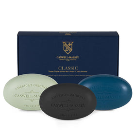 caswell-massey boxed gift set front packaging shows three bars and classic branding benefit: great gift presentation