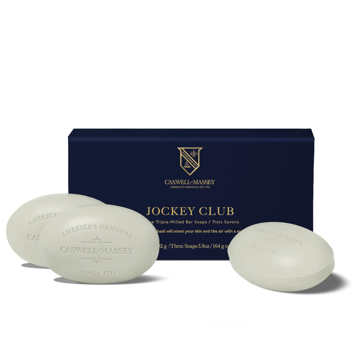 Caswell-Massey front packaging showing three Jockey Club bars and gift presentation