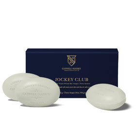 Caswell-Massey front packaging showing three Jockey Club bars and gift presentation