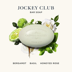Caswell-Massey individual Jockey Club bar top view highlighting classic logo and shape