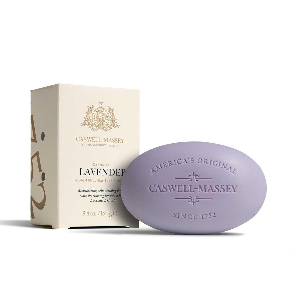 Caswell-Massey front packaging showing lavender bar and brand benefit of quality