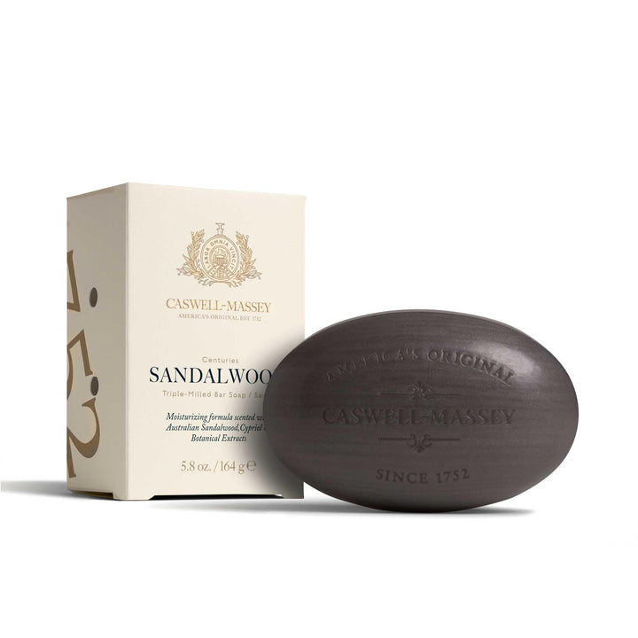 Caswell-Massey front packaging displaying sandalwood bar and brand benefits