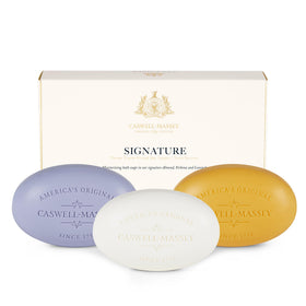 Caswell-Massey front of gift pack showing three bars and elegant branding, gifting appeal