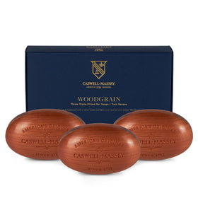 Caswell-Massey front packaging showing classic woodgrain and sandalwood scent benefits