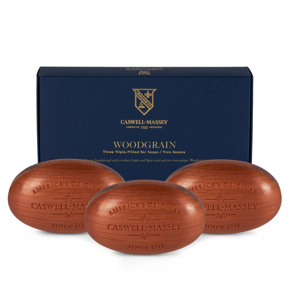 Caswell-Massey front packaging showing classic woodgrain and sandalwood scent benefits