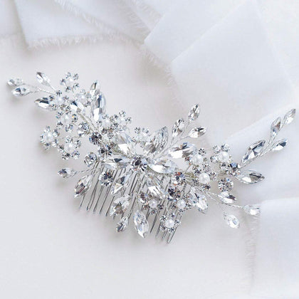 Catery front view of silver bridal hair comb showing flower design and sparkle benefits