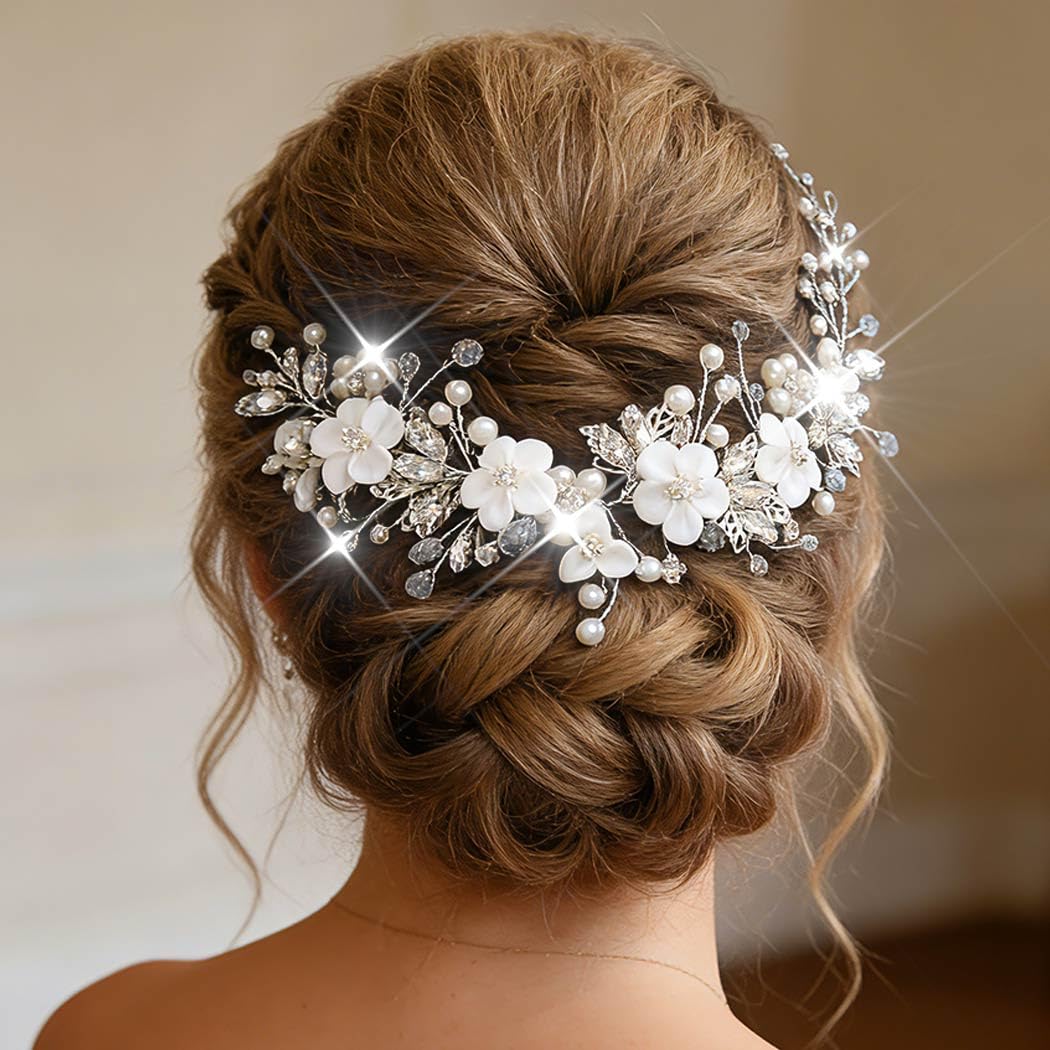 Catery front view of silver hair vine showing overall shape and bridal appeal